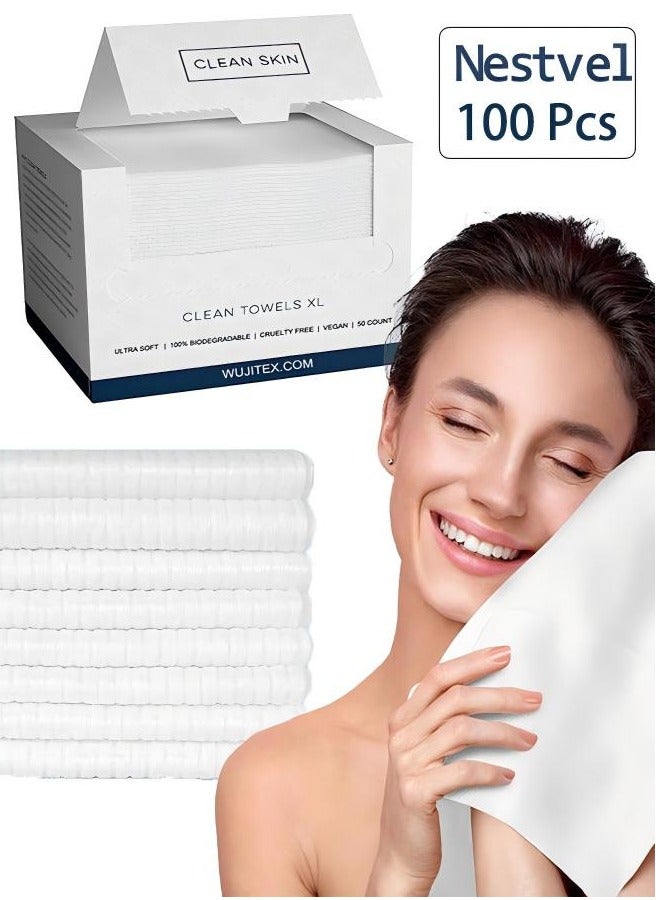 Nestvel Face Towels, 25cm×30cm Ultra Thick Gentle Exfoliation Disposable Face Towelette, Biodegradable Makeup Remover Dry Wipes , Super Soft Clean Facial Towels Wash Cloth for Sensitive Skin,100 Count,2Pack - Image 1